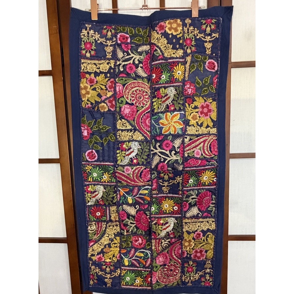 Vintage Detailed Hand Sewn Tapestry India Beaded Eclectic Blue Pink Bright Boho